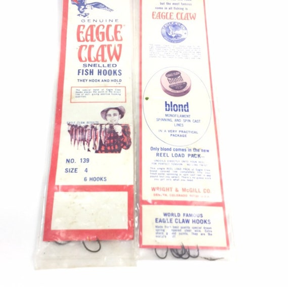 2 Vintage Genuine Eagle Claw No.139 Size 4 and 6 Snelled Hooks