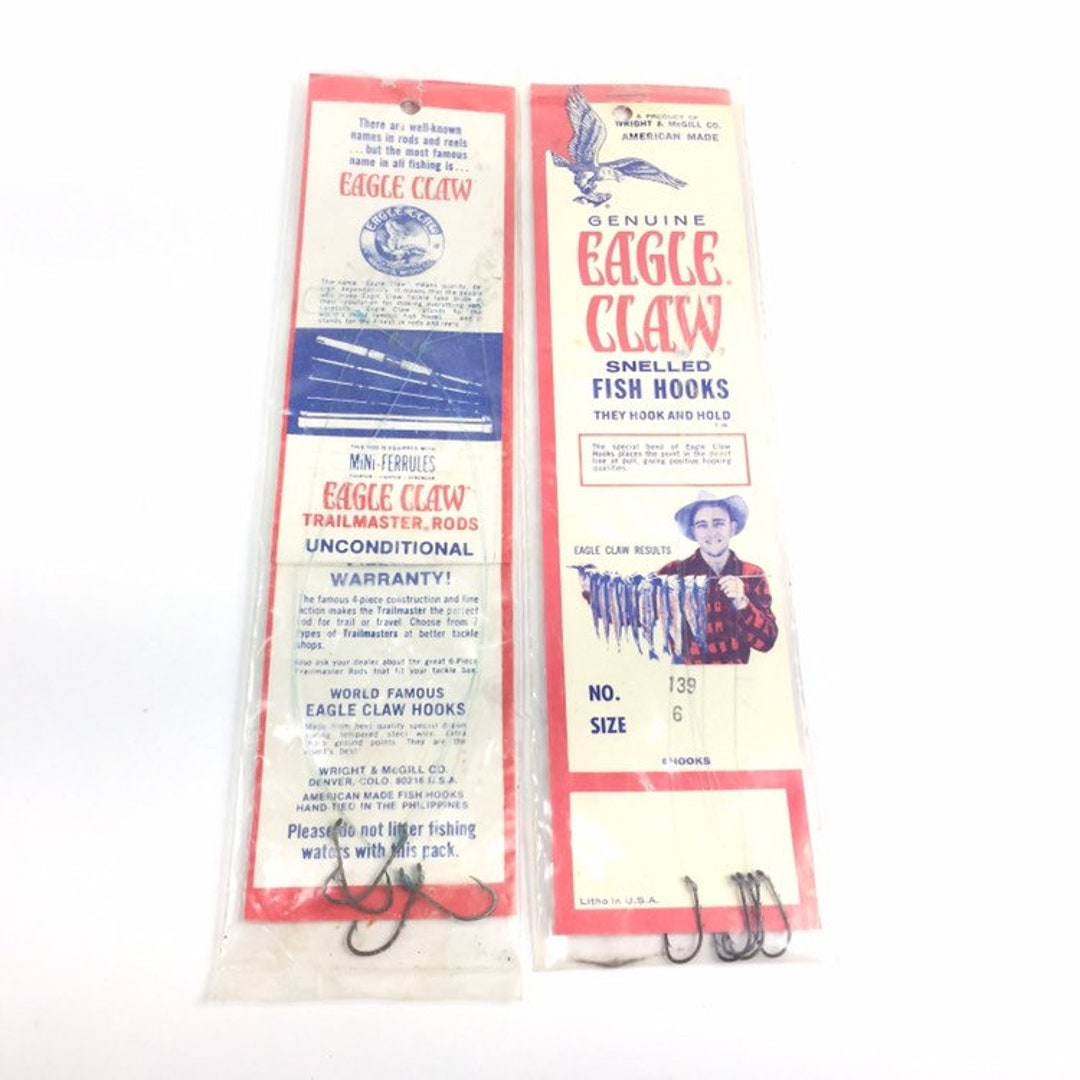 2 Vintage Genuine Eagle Claw No.139 Size 4 and 6 Snelled Hooks