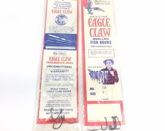 2 Vintage Genuine Eagle Claw No.139 Size 4 and 6 Snelled Hooks Pack | Fishing Collectible