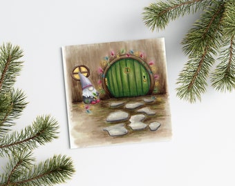Holiday Gnome Greeting Card | 5.5" x 5.5" Holiday Card | Illustrated Card | Scandinavian Forest Gnome | Holiday Twinkle Lights Card