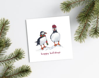 Holiday Puffins Greeting Card | 5.5" x 5.5" Square Happy Holidays Card | Hand Illustrated Card | Bird Lovers Puffins Card
