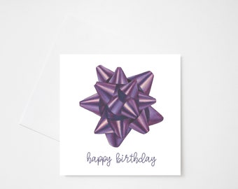 Happy Birthday Greeting Card | Illustrated Birthday Card | Square Greeting | Gift Bow Illustration