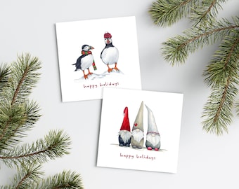 Pack of 6 Holiday Greeting Cards | Scandinavian Gnomes and Winter Puffins | 5.5" x 5.5" Happy Holidays | Illustrated Cards Pack