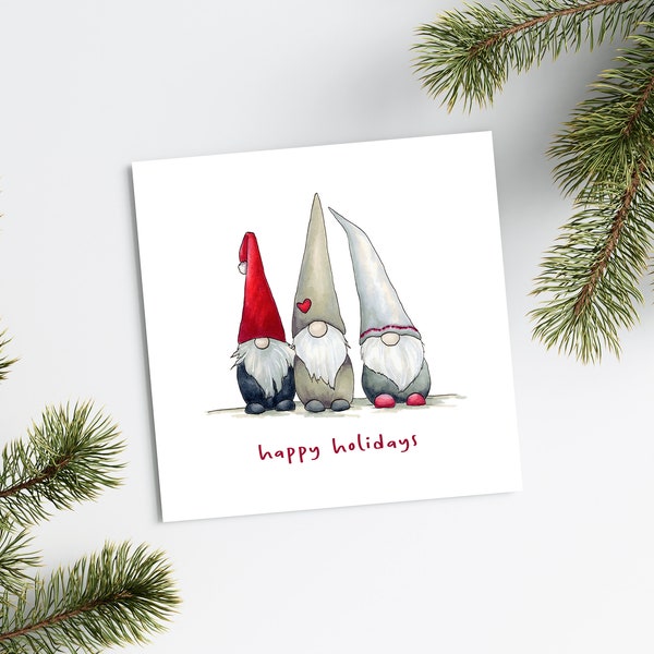 Holiday Gnomes Greeting Card | 5.5" x 5.5" Happy Holidays Card | Illustrated Card | Scandinavian Gnomes Card