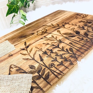 Wildflowers and Bees Charcuterie Board, Acacia Wood Cutting Board, Laser Engraved Charcuterie  Board, Cheese Serving Board with Handle