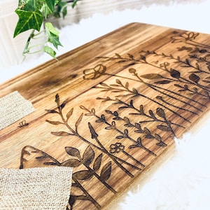Wildflowers and Bees Acacia Wood Cutting Board, Laser Engraved Charcuterie Board, Cheese Serving Board with Handle