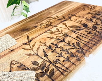 Wildflowers and Bees Charcuterie Board, Acacia Wood Cutting Board, Laser Engraved Charcuterie  Board, Cheese Serving Board with Handle