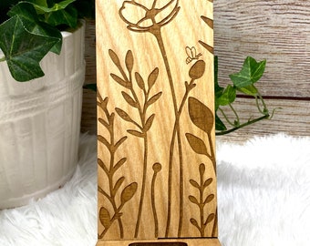 Wildflower and Bees Wood Engraved Cell Phone Stand, Laser Engraved Phone Stand, Office Gifts, Stocking Stuffer, Cell Phone Holder