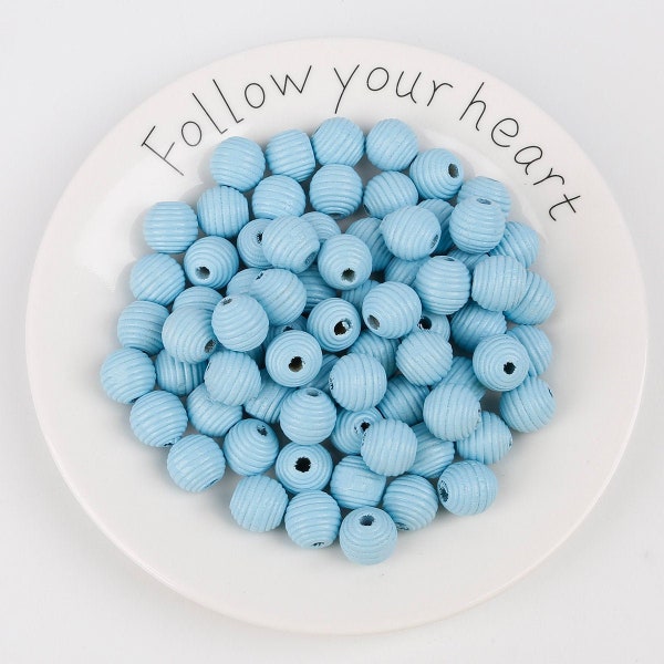 50pcs - Perles de boule de bois en spirale bleu clair, perles en bois à fil rond, perles d’espacement, 14mm, taille de trou de 3,5 mm