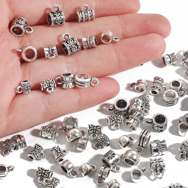 Antique Tube Bail Beads - 20pcs - Tube Charms - Barrel Tube Spacer Bead - Antique Silver Round Connector