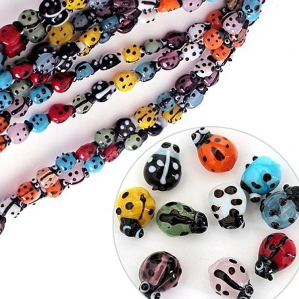 Assorted Ladybug Glass Beads - 20 Lampwork Beads - 9mm - Insect Beads Assorted Colors - Use as Mosaic Tiles