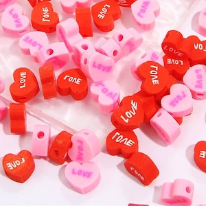 9mm Rojo y Rosa Love Heart Beads Arcilla Polimérica 30 Piezas - Agujero de 1.5mm - Red Heart Pink Heart - Letter Love Beads