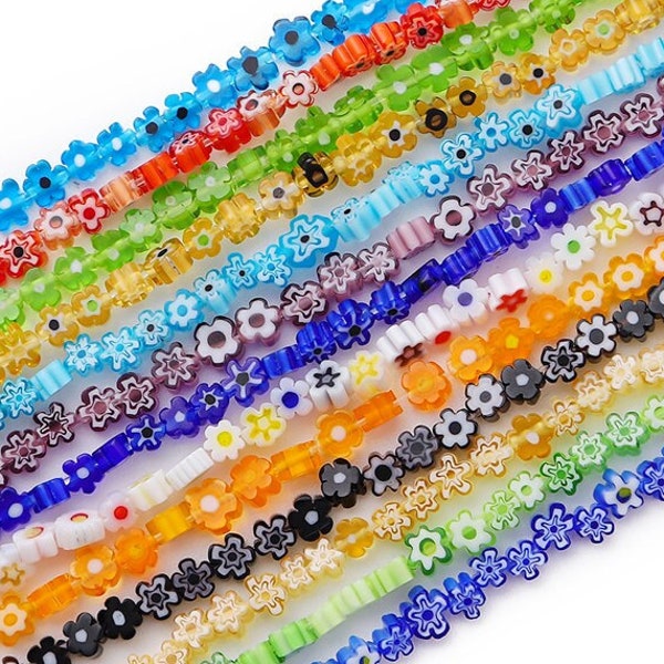 4-5mm Italian Murano Flower Millefiori Glass Beads, 1mm Hole - 45 Pieces - Flat Glass Flat Beads, Flower Beads, Lampwork Glass Beads