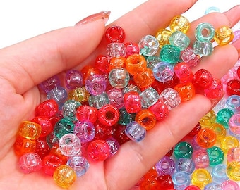 Assorted Acrylic Glitter Pony Beads Large Hole 9mm 4mm Hole Glitter Seed  Beads Rocaille Rainbow Macrame Beads 100 Pieces per Order 