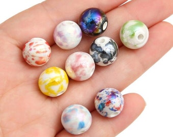 12mm Patterned Lampwork Round Beads in 6 Colors - Ceramic Beads Splattered Splashed Painted - Lampwork Jewelry - 2mm Hole Size - 20 Pcs