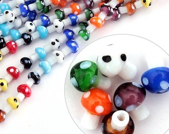 Mushroom Beads, 20 Glass Mushrooms, Lampwork Beads, Lampwork Mushrooms, 12mm Glass Beads, Mixed Color Beads, Jewelry Supplies