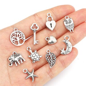 Può includere: Un set di dieci ciondoli in argento con diversi design, tra cui un albero, una chiave, un cuore, una luna, una tartaruga, una foglia, un elefante, un gufo e una serratura.