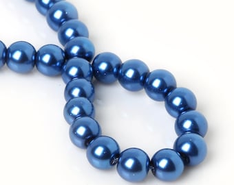 APPROX 88 ~ DEEP BLUE PEARL ~10mm~ ROUND GLASS BEADS~Bracelets~Necklace UK