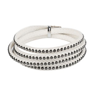 May include: White leather wrap bracelet with a row of small rhinestones on each band.