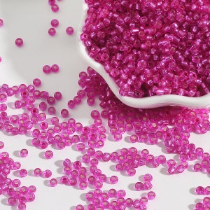 12/0 8/0 6/0 Perle di semi Rondelle rosa caldo 2mm 3mm 4mm - Perle di semi di vetro rosa caldo foderate in argento - Rocailles rosa caldo - Perle di semi rosa caldo