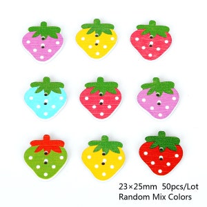 50pcs - Strawberry Theme Wooden Buttons - Two Hole Mix Strawberry Buttons - Strawberry Buttons, 23x25mm