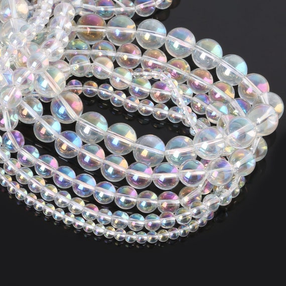 Mermaid Smooth Round Glass Beads, Clear Rainbow Iridescent Mermaid Beads,  Blue Mermaid Beads, 4mm 6mm 8mm 10mm 12mm 