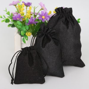 5pcs Black Burlap Pouches 3 TAILLES - Sacs cadeaux en toile de jute - Pochettes noires - Sacs à cordon de serrage noir - Sacs en toile de jute de mariage - Sacs à bijoux en toile de jute