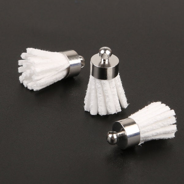 10pcs White Mini Suede Tassel with Silver Top Caps, Small Leather Tassel Charm Pendants 18mm