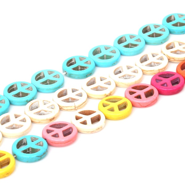 15mm Peace Sign Beads, Rainbow Turquoise White Peace Pendants, Peace Symbol, Howlite Stone Beads