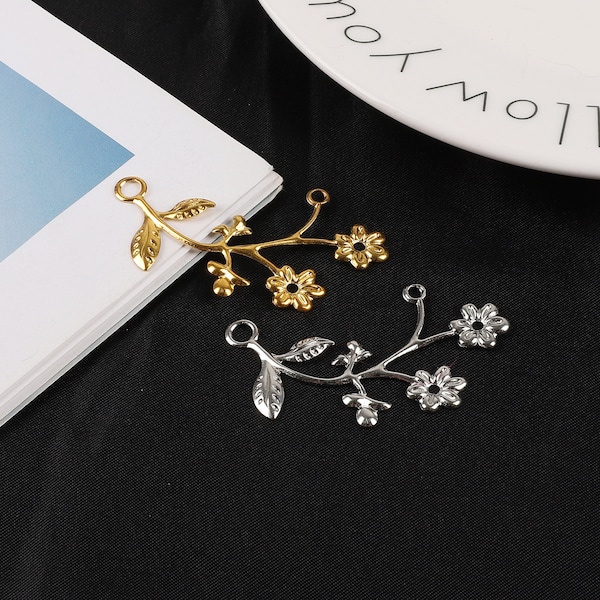 10pcs Tree Branch Connector Pendentif - Branche d’arbre d’or - Branche d’arbre d’argent - Connecteur de branche de feuille Charm 4x4cm