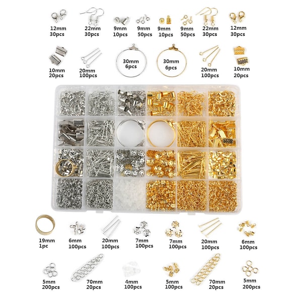 Ensemble d'accessoires de bijoux, Kit de fabrication de bijoux, Fermoirs mousqueton, Anneaux, Extrémités du ruban, Sertissage des pinces pour ruban, Capuchons, Épingles, Crochets, Créoles