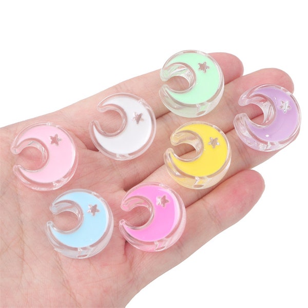 Acrylic Moon Beads in Clear Mixed Colors - Moon Jewelry - Moon Charms - 24mm Size 9mm Thick - 4mm Hole - 10 Pieces Random Colors