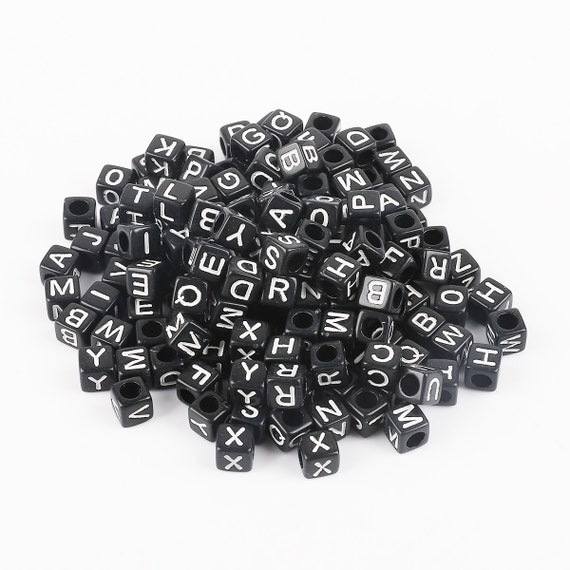 100pcs Acrylic Square Letter Beads (6mm) White Beaded With Black