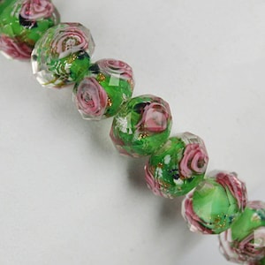 6pcs Green Flower Inside Rondelle Faceted Loose Lampwork Exquisite Crystal Glass Beads - 6x8mm 8x10mm