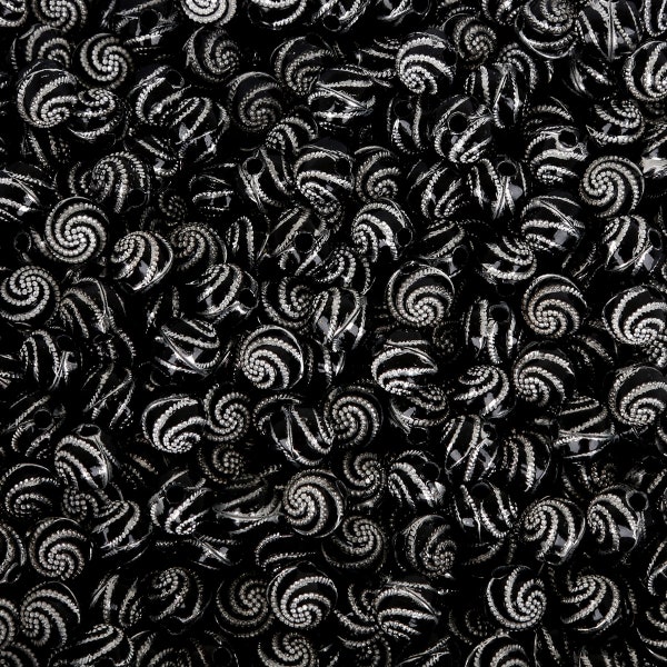 100 Schwarze Swirl Acrylperlen 8mm - Metallic Silber Bling Spiralperlen - Runde Perlen Kunststoff Sparkle Bubblegum Perlen