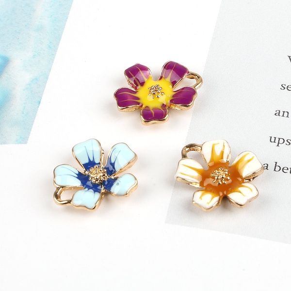 6 Enamel Assorted Five Petal Flower Charm | Daffodil Charm Orchid Charm | Yellow Small Flower | Purple Small Flower | Blue Small Flower