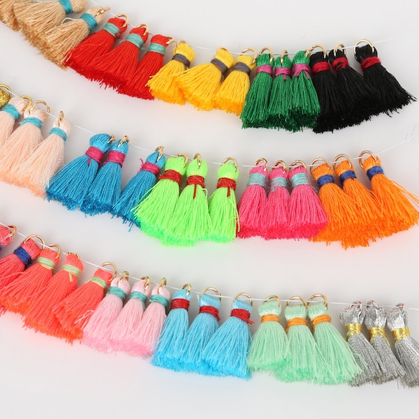 15 Color Tassel Charms, 20Pcs 20mm Mini Cotton Tassels, Small Tiny Tassels with Gold Jump Ring, Handmade Earring Tassels, Thread Tassel