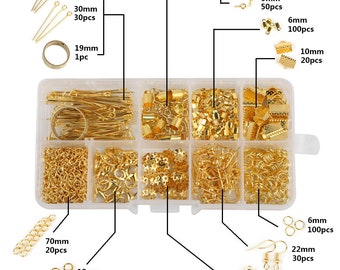 Gold Halskette Ohrringe Fundstücke Kit- Schmuck Fundstücke Box Kit - Hummer Verschluss, Sprünge Ringe, Pins, Verschlüsse, Haken, Ketten