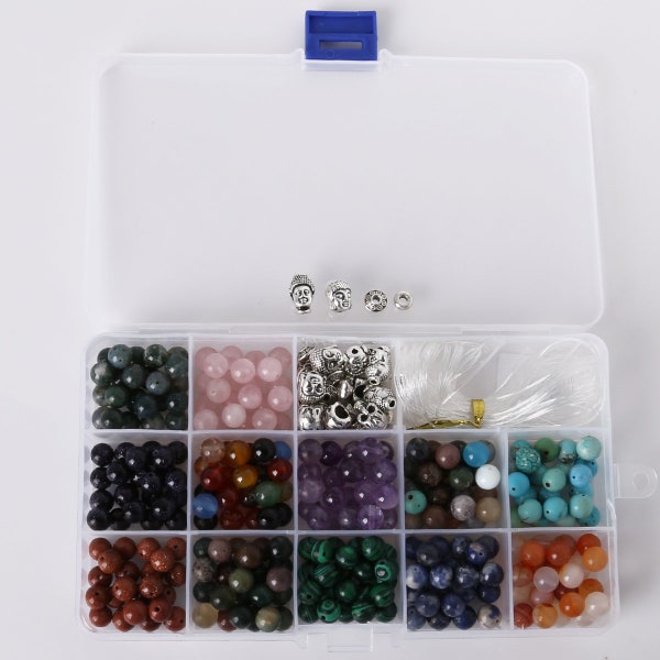 8mm Assorted Natural Gemstone Beads DIY Box Set Kit - Améthyste Grès Rose Quartz Malachite Two Tone Beads Buddha Charms Elastic Thread