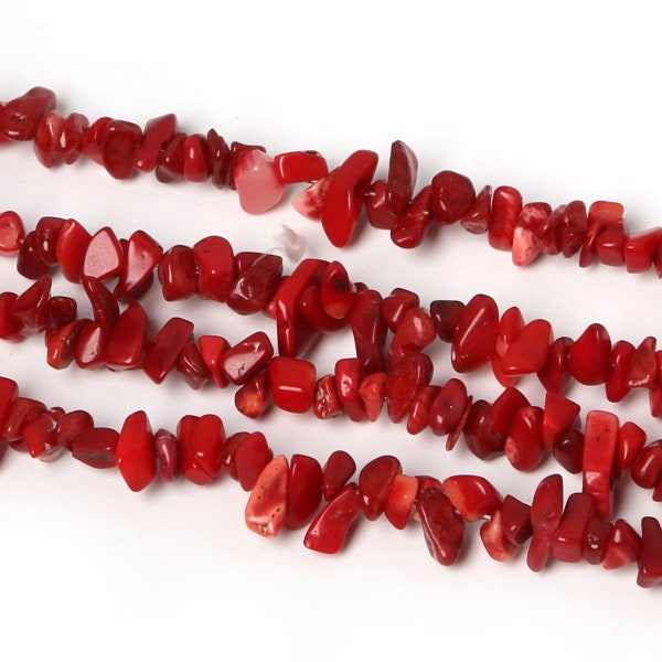 Natural Red Coral Bamboo Chip Beads , 3-5mm in size, 34" strand - Jewelry Supply, Bead Strand, Gemstone Beads, Semi Precious Beads