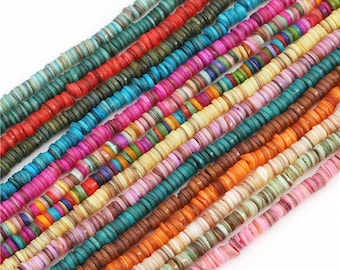 8mm Natural Shell Heishi Beads 16 Different Color Choices, Pink Blue Green Rainbow Orange Yellow Multi Color, 180-190 pieces, 15" Strand