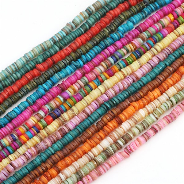 8mm Natural Shell Heishi Beads 16 Different Color Choices, Pink Blue Green Rainbow Orange Yellow Multi Color, 180-190 pieces, 15" Strand