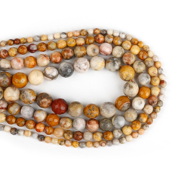 Natural Crazy Lace Agate Faceted Round Beads, Golden Yellow Faceted Gemstones, 15"/str 4mm 6mm 8mm 10mm