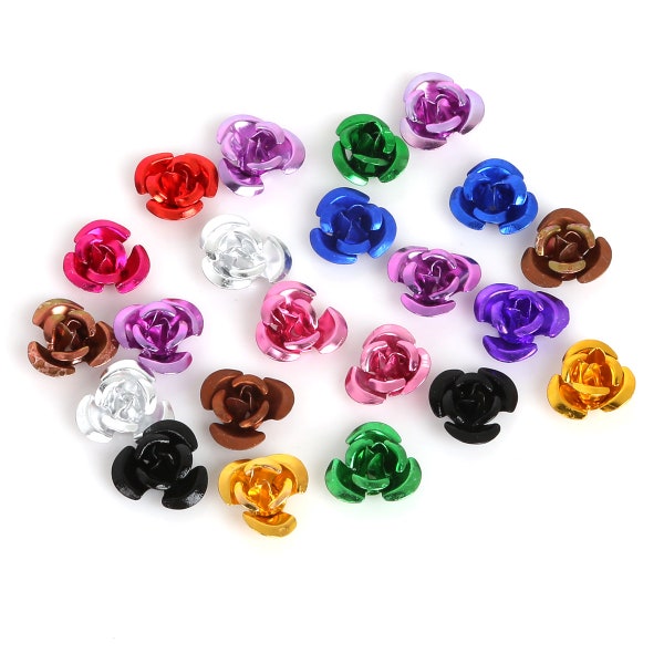 100 perles de fleurs de rose en métal, perles de rose métalliques en aluminium, 6mm 8mm 12mm, fourniture de bijoux en perles de rose, découvertes légères en aluminium