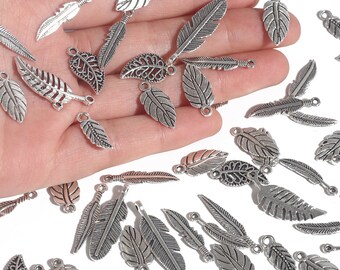 Charmes de feuille d’argent en 10 tailles, charmes de feuille plaquée argent - Pendentif de feuille - Bijoux de feuille