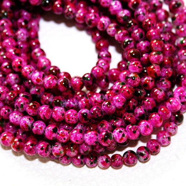 Perles rondes en marbre de verre rose Fuchsia - Perles tachetées Fuchsia - Perles en cristal Fuchsia - 4mm 6mm