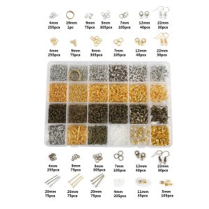 3000 pièces de bijoux avec 12 sacs de bijoux OPP - Kit de bijoux DIY - Coffret à bijoux en bronze en argent or - Kit de découvertes