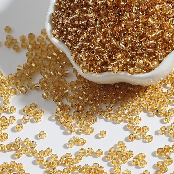 12/0 8/0 6/0 Perles de graines rondelle d’or 2mm 3mm 4mm - Perles de graines de verre d’or doublées d’argent - Rocailles d’or - Perles de graines d’or
