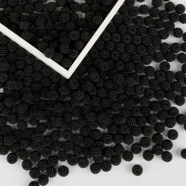 100pcs 10mm Black ABS Round Faux Pearl Acrylic Berry Beads - Black Berry Beads - 1.5mm Hole