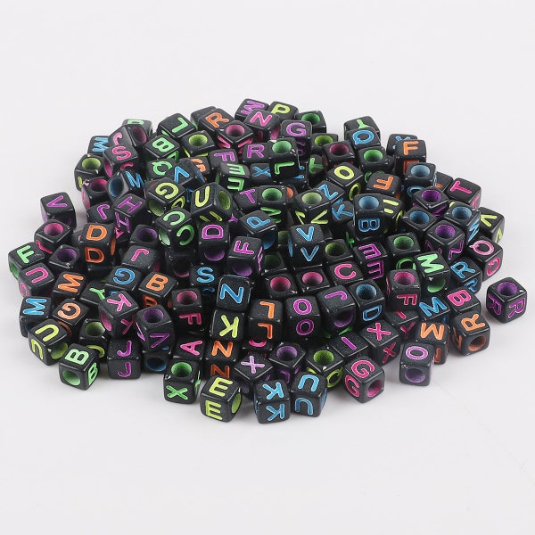 100 Black with Neon Letter Cube Beads, Neon Alphabet Cube Beads, Neon Acrylic Cube DIY, Square Letter Beads